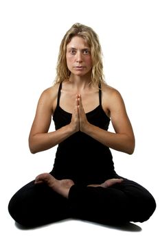 Blond woman in lotus position, isolated over white
