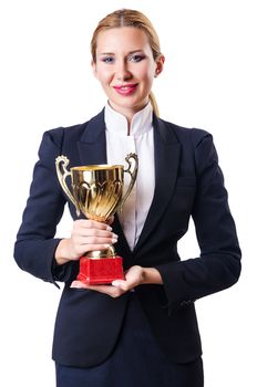 Businesswoman with prize on white