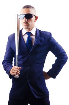 Handsome businessman with bat on white