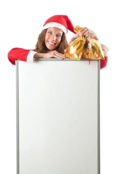 Young woman santa with blank board