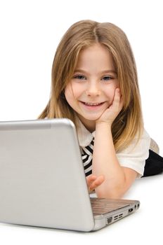 Cute girl with laptop on white