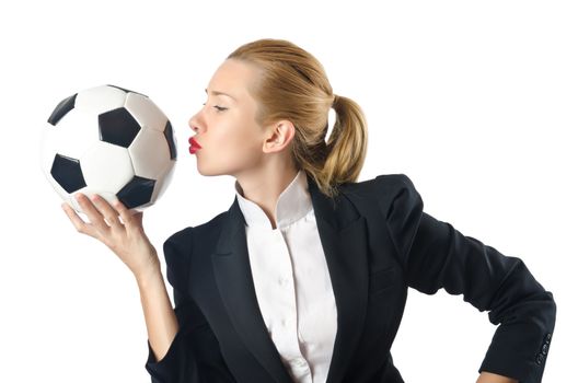 Businesswoman with football on white