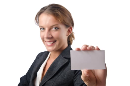Woman with blank message on white