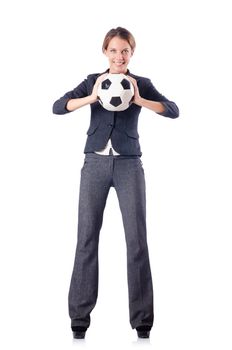 Businesswoman with football on white