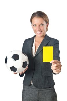 Businesswoman with football on white