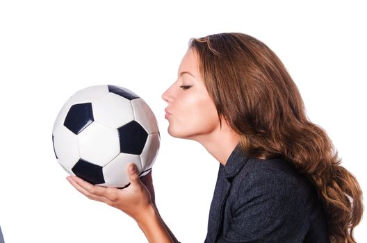 Businesswoman with football on white