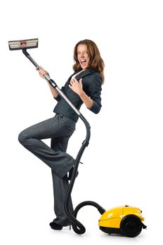 Businesswoman cleaning with vacuum cleaner