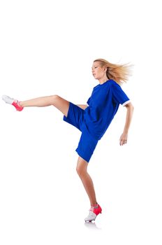 Woman playing football on white