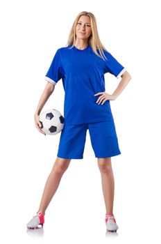 Woman playing football on white