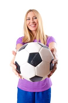 Woman playing football on white