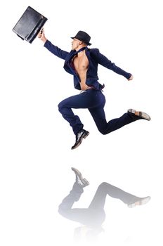 Naked businessman jumping on white