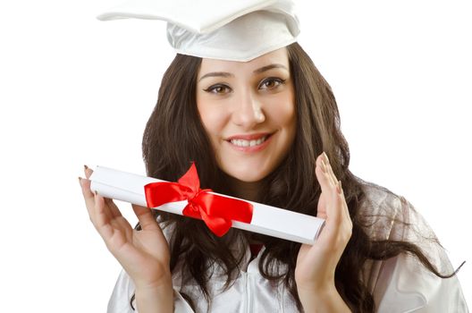 Happy student celebrating graduation on white