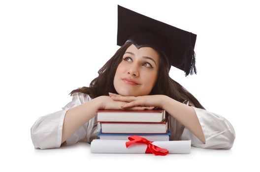 Young student with diploma on white