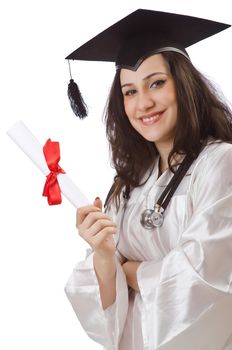 Graduate with diploma on white