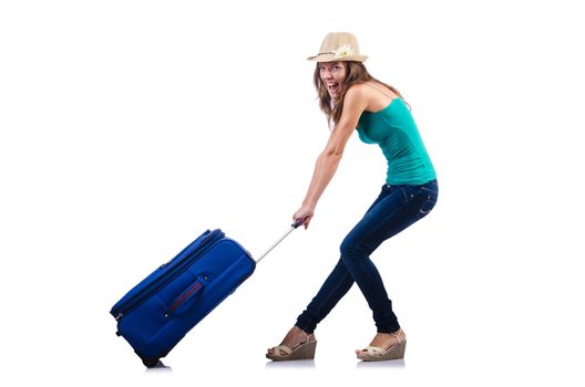 young girl with suitcase on white