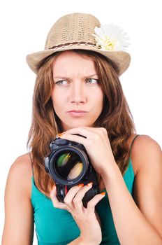 Attractive female photographer on white