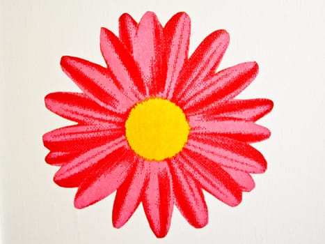 Red flower with yellow bullseye on white wall