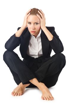 Tired businesswoman isolated on white