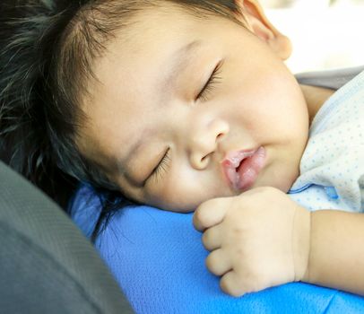 Closeup of Asian baby sleep with her mum