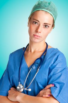 Young female surgeon with scrubs and a stethoscope