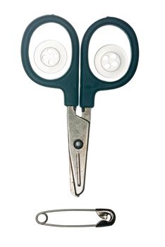 Scissors buttons and safety pin in shape of face isolated against white
