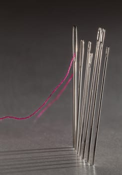 Row of sewing embroidery needles with red thread and shadows cast on background