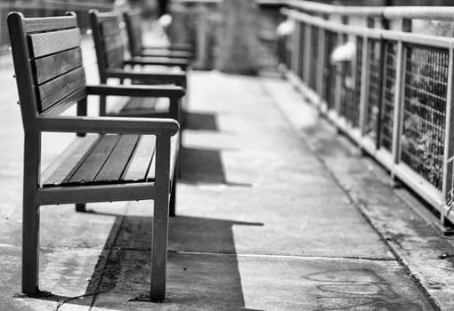 Green wood and metal Benches with closest in shallow focus trailing to softer background