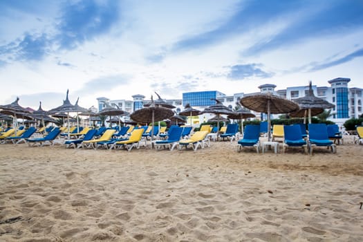 Beautiful beach by the shores of the Mediterranean sea in Hammamet, Tunisia