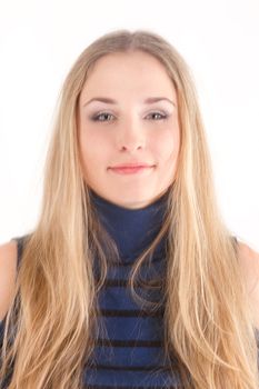 Portrait of blond long hair girl in blue  dress