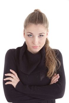 Blonde girl in a black knit sweater