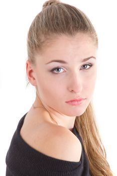 Portrait of blond long hair girl in blue  dress