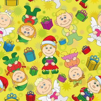 Seamless holiday Christmas cartoon background: boys and girls elves and angels with gift boxes