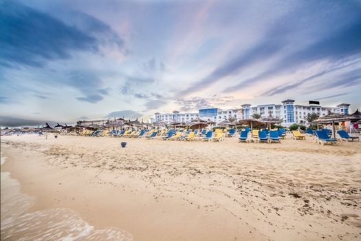 Beautiful beach by the shores of the Mediterranean sea in Hammamet, Tunisia