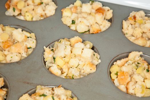 Apple and onion stuffing muffins made at home for Thanksgiving