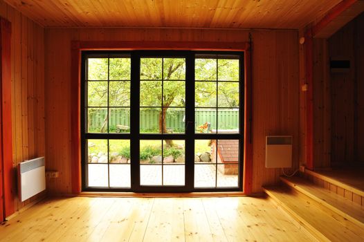 Big window showcase wooden interior