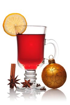 Mulled wine christmas still life isolated on white with soft reflection