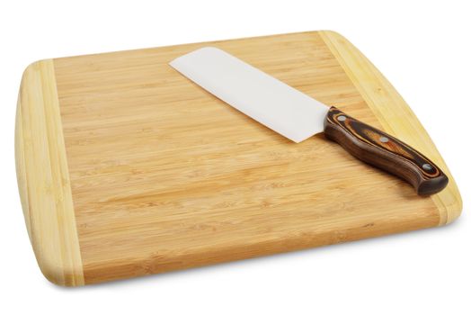 Wooden cutting board with a kitchen knife. Isolated on white.