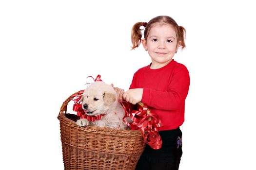 little girl holding basket with puppy