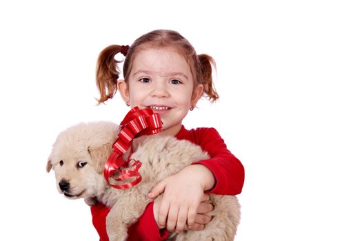 little girl holding puppy