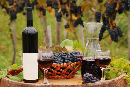 red wine wineglasses and bottles