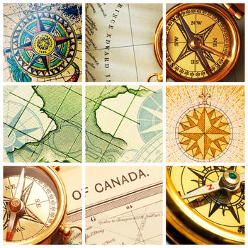 Collage with old compasses and maps