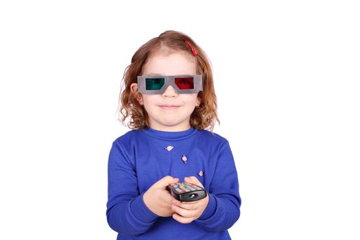 little girl with 3d glasses and remote control