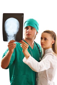 Doctors looking at x-ray (isolated on white)