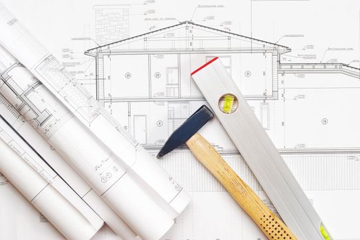 Tools over house plan blueprints