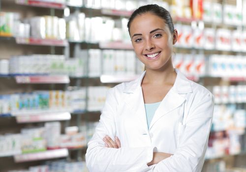 Environmental Portrait of a medical personnel, or doctor in pharmacy