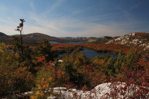 Lakes, rocky hills and colourful forest at Killarney Provincial Park, Ontario, Canada
