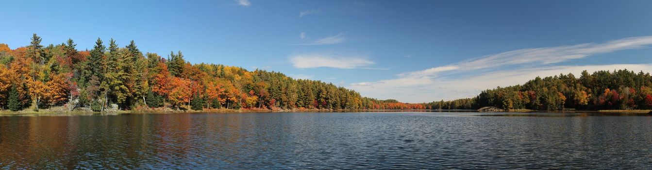 Panoramic photo of lake and autumn forest in Killarney Provincial Park, ON, Canada. This photo is made attaching together various photos
