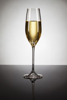 glass of champagne on a mirror with spot in background
