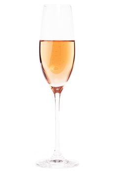 one glass of rose champagne bubbly on white background
