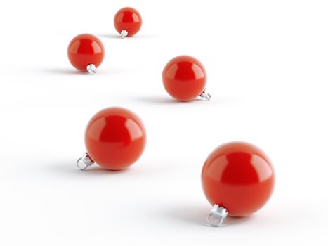 row of red Christmas balls on white background
